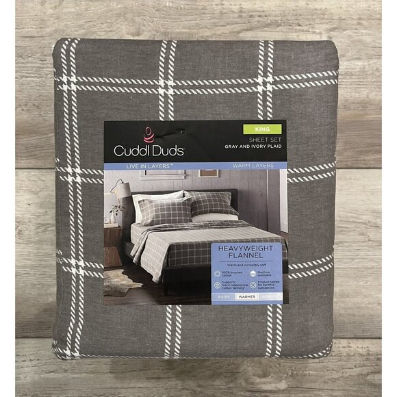 Cuddl Duds KING Size 4 pc soft Flannel sheet set Gray And White Plaid NWT - Picture 1 of 2